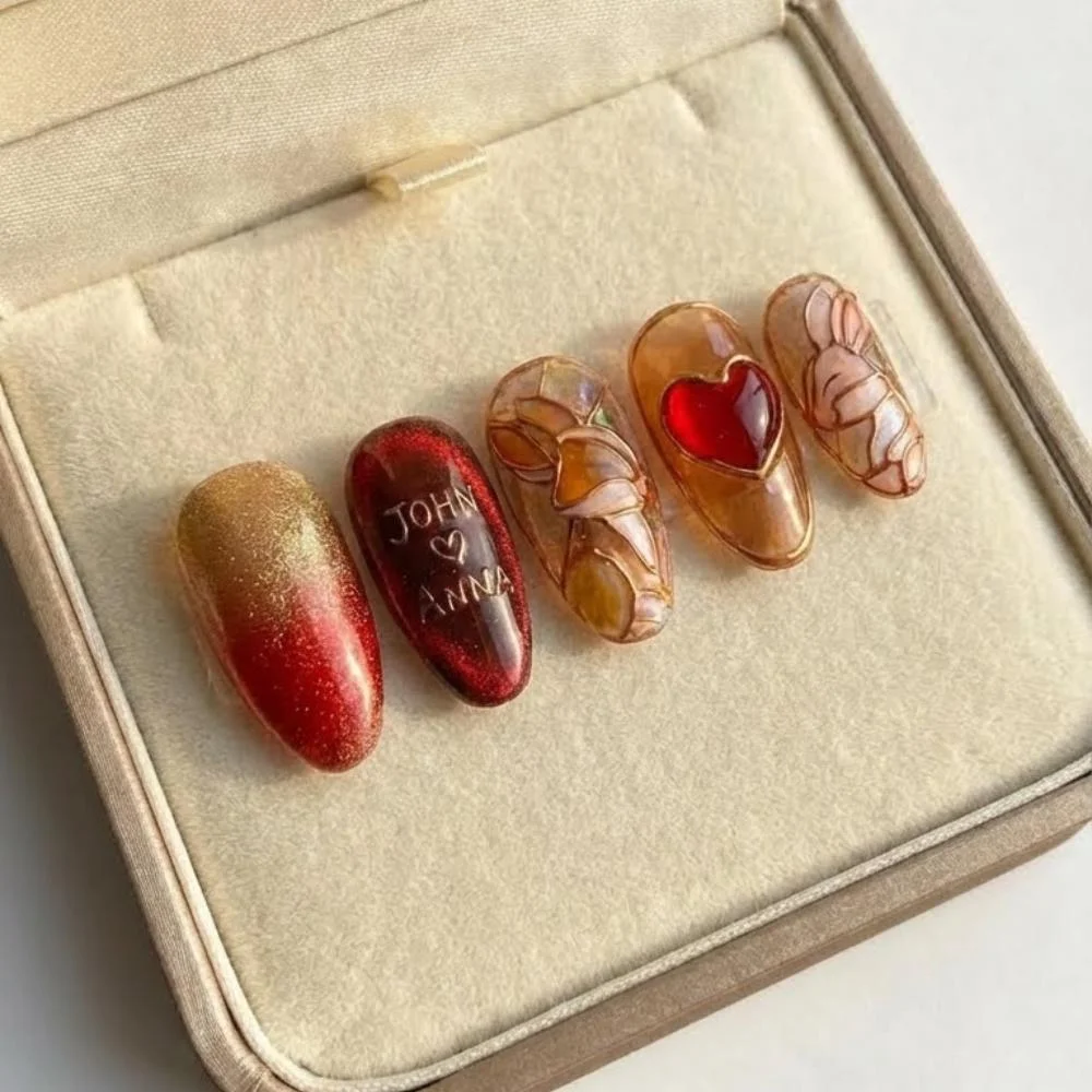 valentine's gift, hand painted nails, press on nails, custom press on nails, fake nails, Nails Art, stained glass nails, gold press on nails, 3d press on nails, luxury press on nails, handmade press on nails