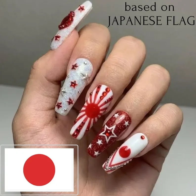patriotic rhinestones, flag themed nails, press on nails, custom press on nails, fake nails, Nails Art, stained glass nails, gold press on nails, 3d press on nails, luxury press on nails, handmade press on nails