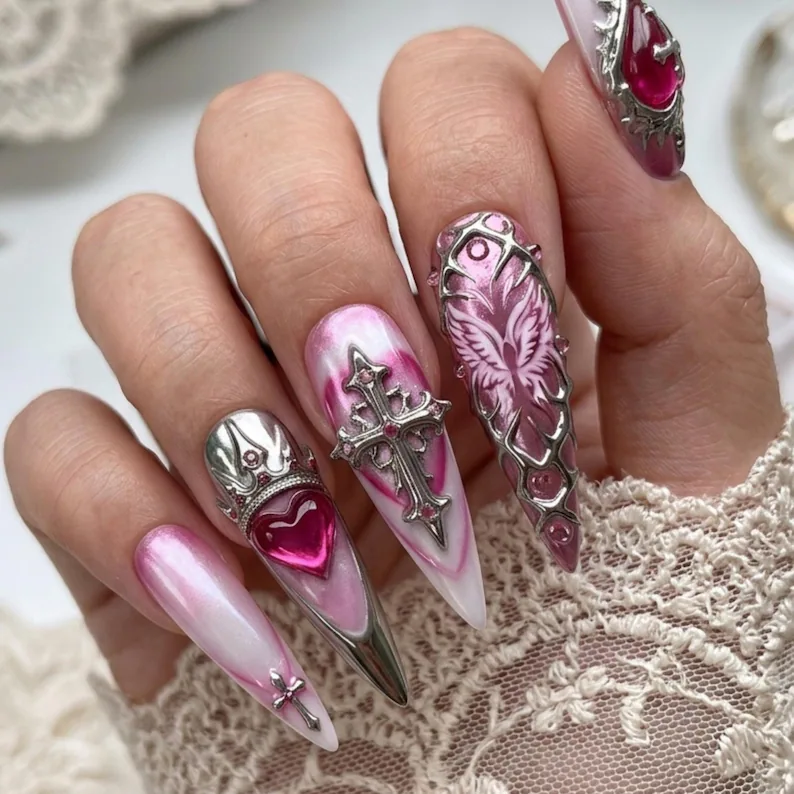 press on nails, pink heart design, custom press on nails, fake nails, Nails Art, stained glass nails, gold press on nails, 3d press on nails, luxury press on nails, handmade press on nails