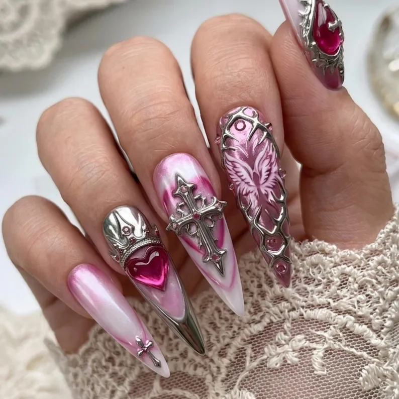 cyber angel nails, 3D chrome press, press on nails, custom press on nails, fake nails, Nails Art, stained glass nails, gold press on nails, 3d press on nails, luxury press on nails, handmade press on nails