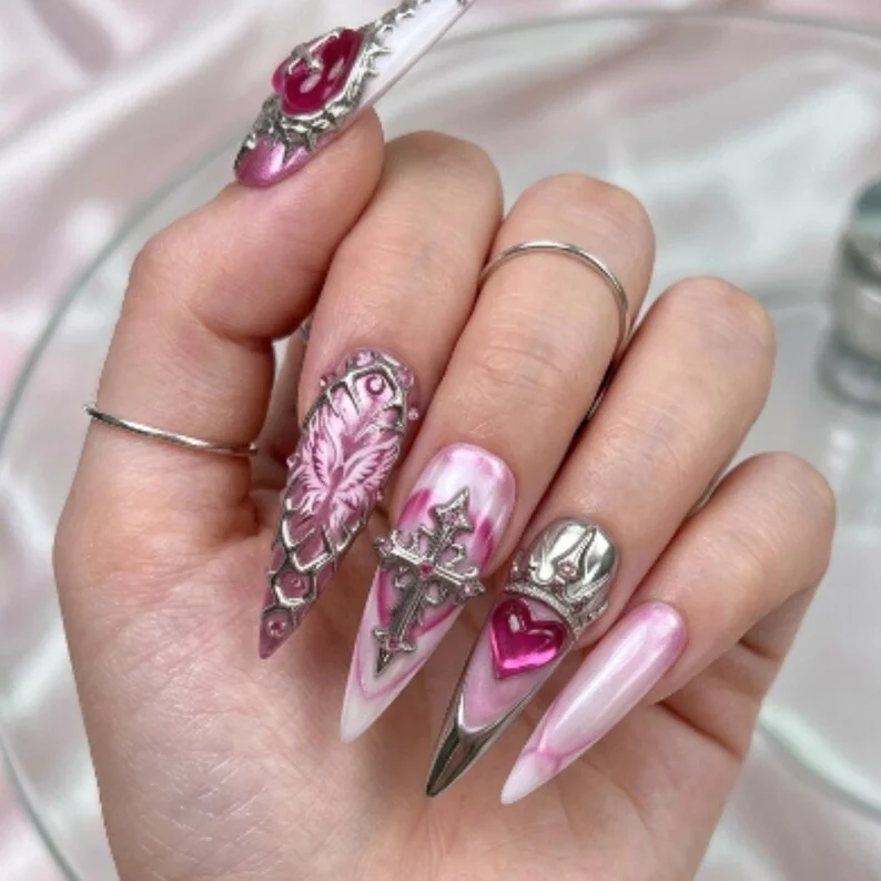 press on nails, pink heart design, custom press on nails, fake nails, Nails Art, stained glass nails, gold press on nails, 3d press on nails, luxury press on nails, handmade press on nails