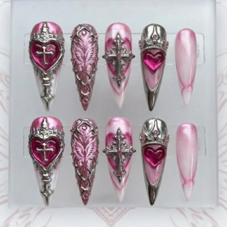 cross art, cyber sigilism, press on nails, custom press on nails, fake nails, Nails Art, stained glass nails, gold press on nails, 3d press on nails, luxury press on nails, handmade press on nails
