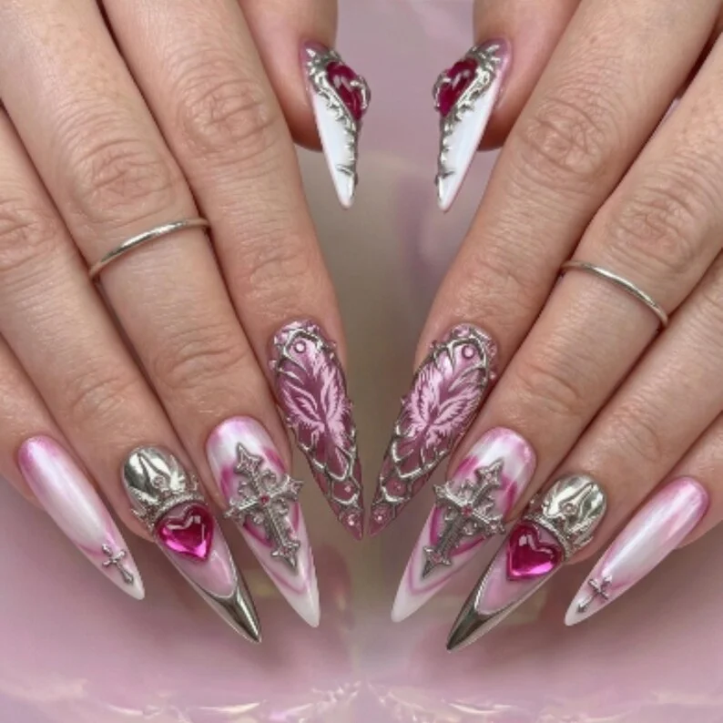 chrome nail set, 3D nail art, press on nails, custom press on nails, fake nails, Nails Art, stained glass nails, gold press on nails, 3d press on nails, luxury press on nails, handmade press on nails