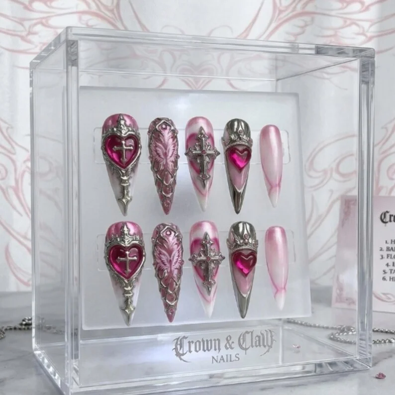 cyber angel nails, 3D chrome press, press on nails, custom press on nails, fake nails, Nails Art, stained glass nails, gold press on nails, 3d press on nails, luxury press on nails, handmade press on nails