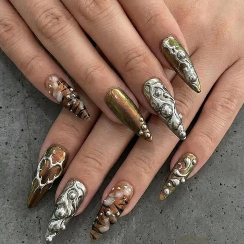 liquid silver, oil slick multichrome, press on nails, custom press on nails, fake nails, Nails Art, stained glass nails, gold press on nails, 3d press on nails, luxury press on nails, handmade press on nails