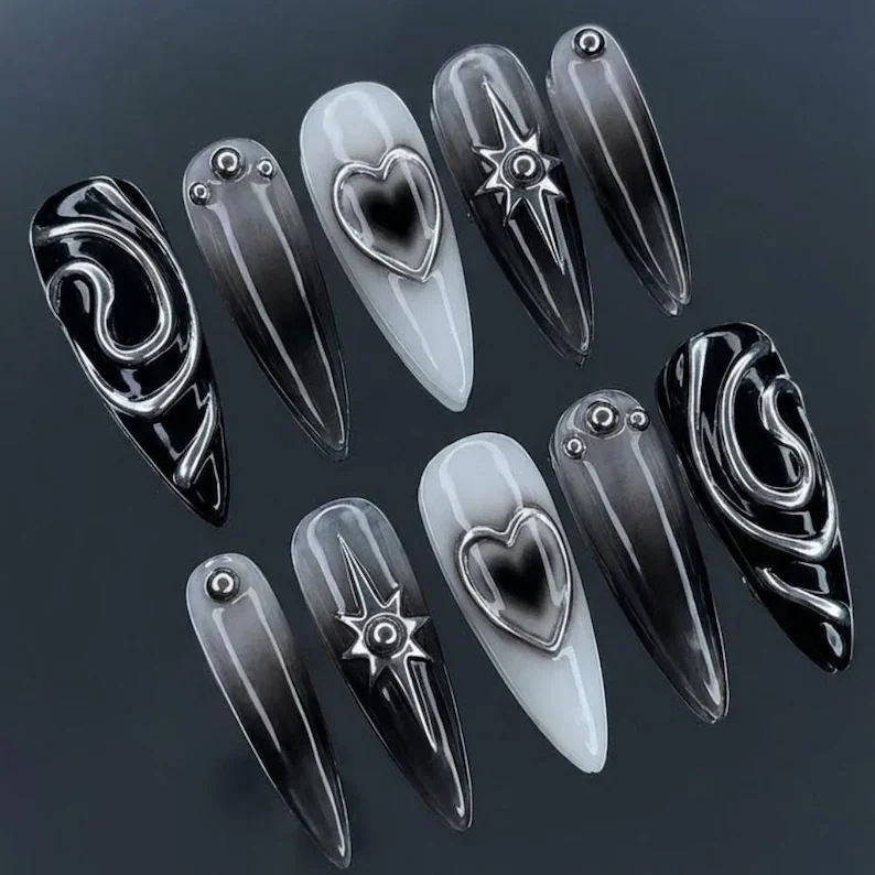 cyber noir nails, chrome press on, press on nails, custom press on nails, fake nails, Nails Art, stained glass nails, gold press on nails, 3d press on nails, luxury press on nails, handmade press on nails