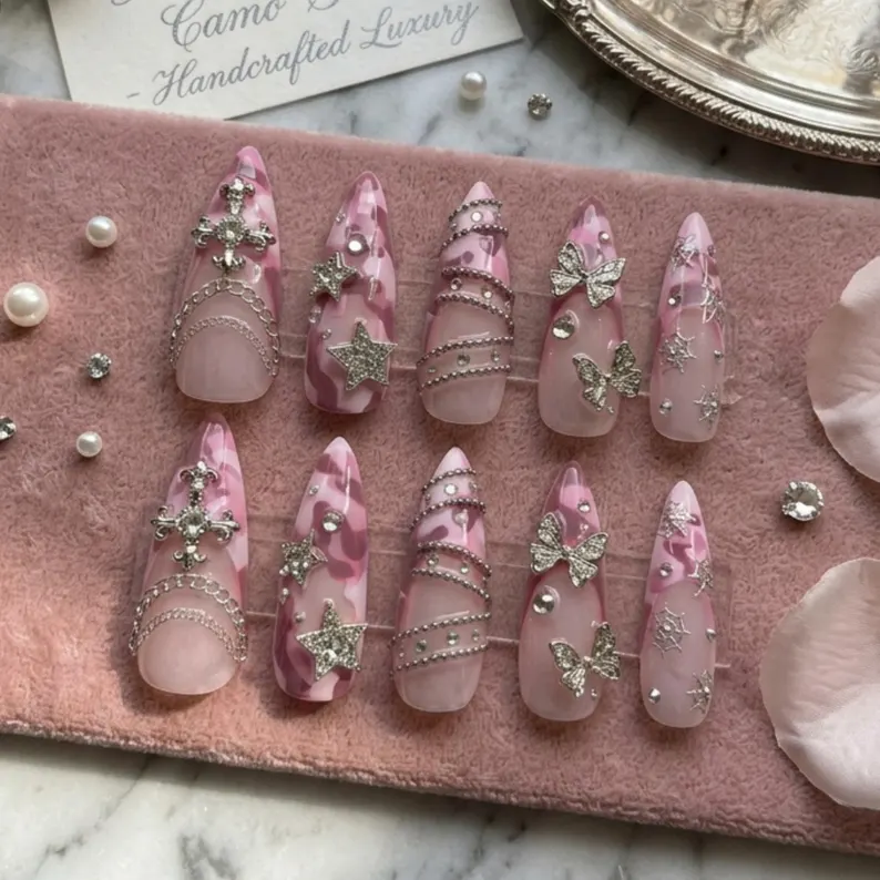 mcbing gothic style, pink camouflage press on nails, press on nails, custom press on nails, fake nails, Nails Art, stained glass nails, gold press on nails, 3d press on nails, luxury press on nails, handmade press on nails