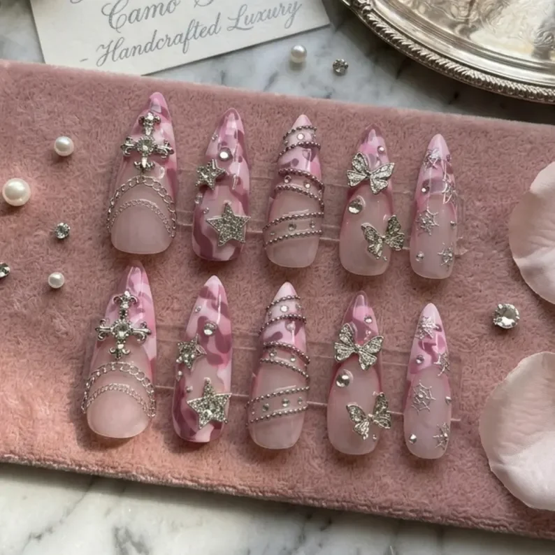 pink camouflage press on nails, cyber princess nails, press on nails, custom press on nails, fake nails, Nails Art, stained glass nails, gold press on nails, 3d press on nails, luxury press on nails, handmade press on nails