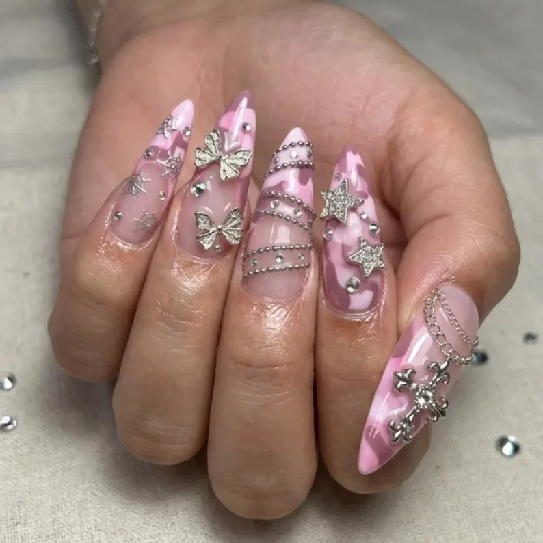 y2k mcbing nails, gothic cross charms, press on nails, custom press on nails, fake nails, Nails Art, stained glass nails, gold press on nails, 3d press on nails, luxury press on nails, handmade press on nails