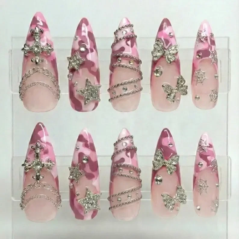 pink y2k nails, charm accent nails, press on nails, custom press on nails, fake nails, Nails Art, stained glass nails, gold press on nails, 3d press on nails, luxury press on nails, handmade press on nails