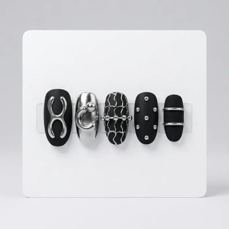 cyber sigilism press-on, matte black nails, press on nails, custom press on nails, fake nails, Nails Art, stained glass nails, gold press on nails, 3d press on nails, luxury press on nails, handmade press on nails