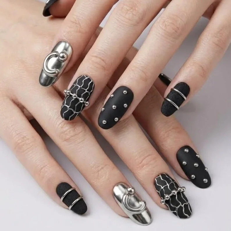 matte black manicure, liquid silver manicure, press on nails, custom press on nails, fake nails, Nails Art, stained glass nails, gold press on nails, 3d press on nails, luxury press on nails, handmade press on nails