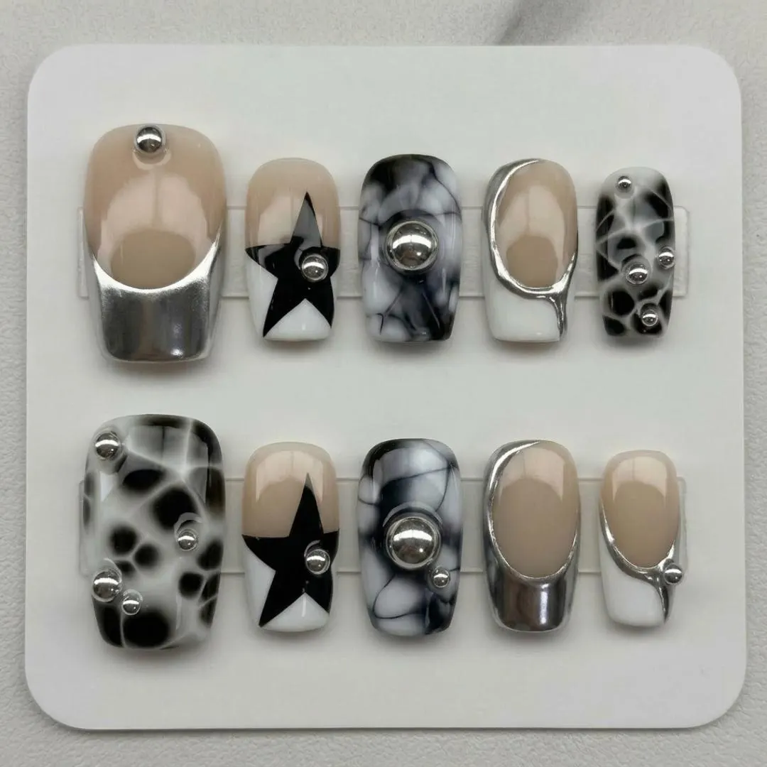 cyber y2k nails, black white nails, press on nails, custom press on nails, fake nails, Nails Art, stained glass nails, gold press on nails, 3d press on nails, luxury press on nails, handmade press on nails
