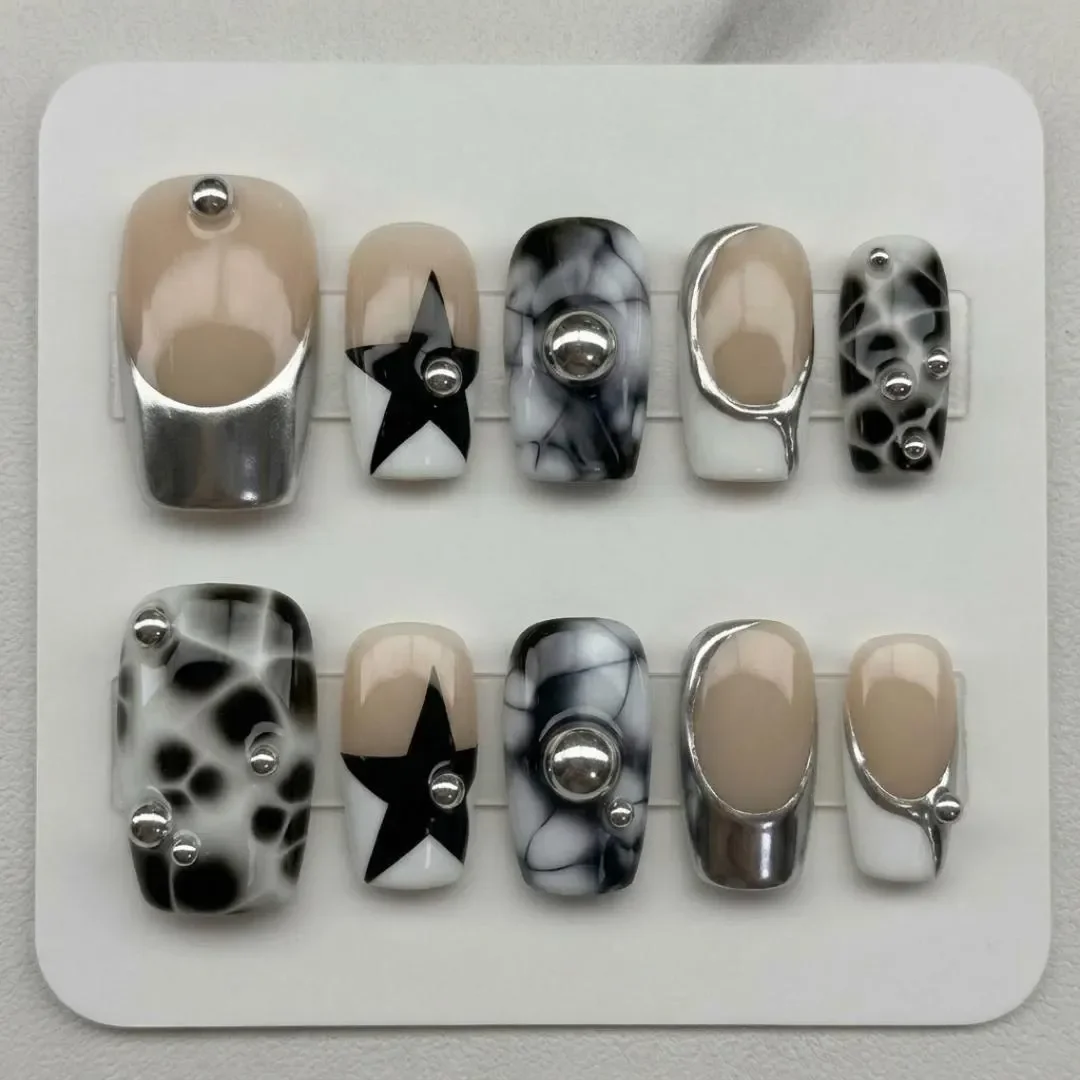 cyber y2k nails, black white nails, press on nails, custom press on nails, fake nails, Nails Art, stained glass nails, gold press on nails, 3d press on nails, luxury press on nails, handmade press on nails