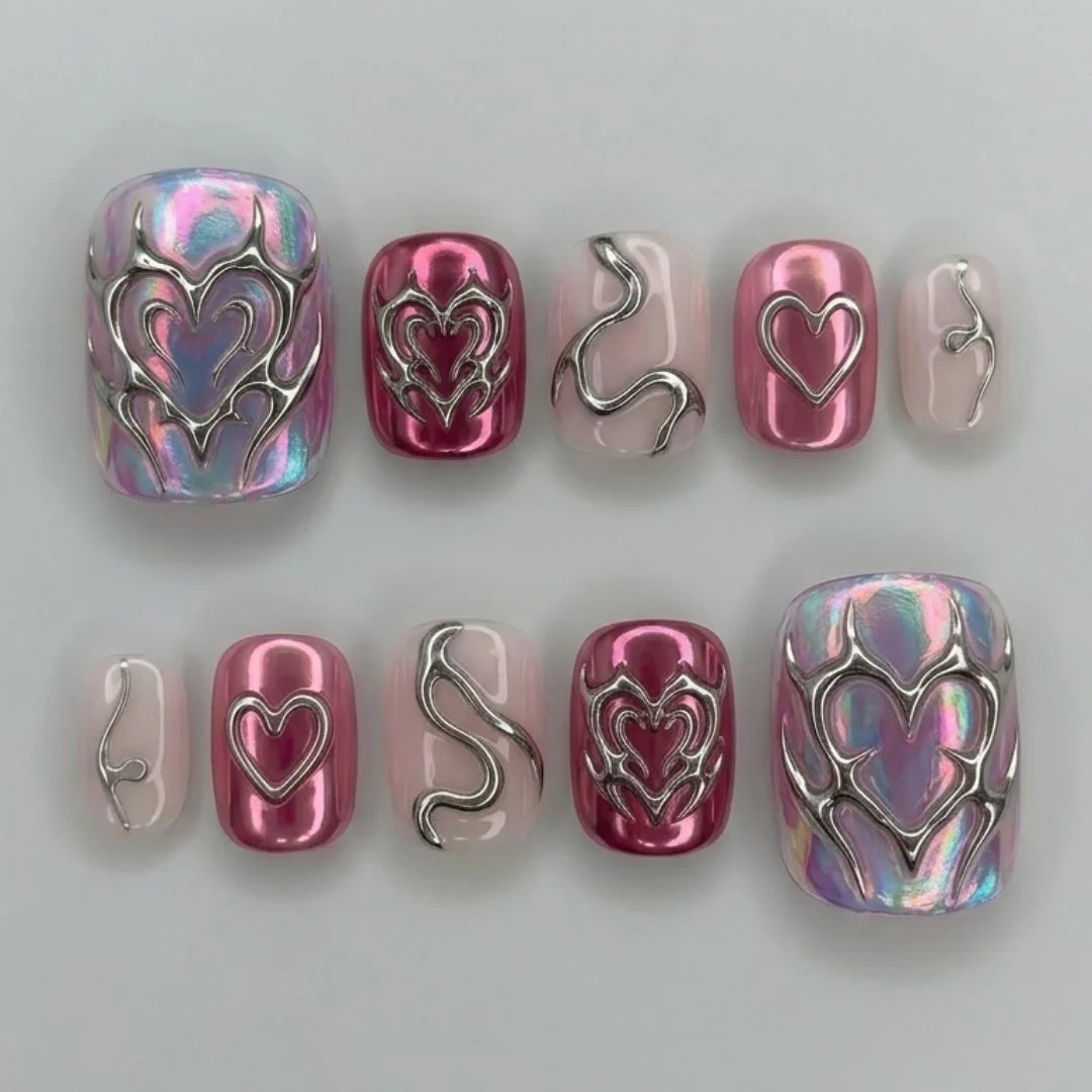 pink chrome toenails, holographic toenails, press on nails, custom press on nails, fake nails, Nails Art, stained glass nails, gold press on nails, 3d press on nails, luxury press on nails, handmade press on nails