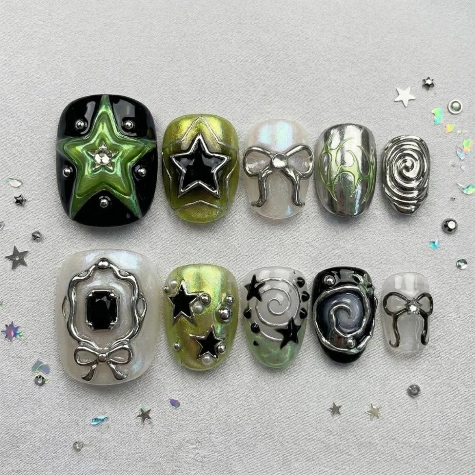 mirror fake toes, galactic alien style, press on nails, custom press on nails, fake nails, Nails Art, stained glass nails, gold press on nails, 3d press on nails, luxury press on nails, handmade press on nails