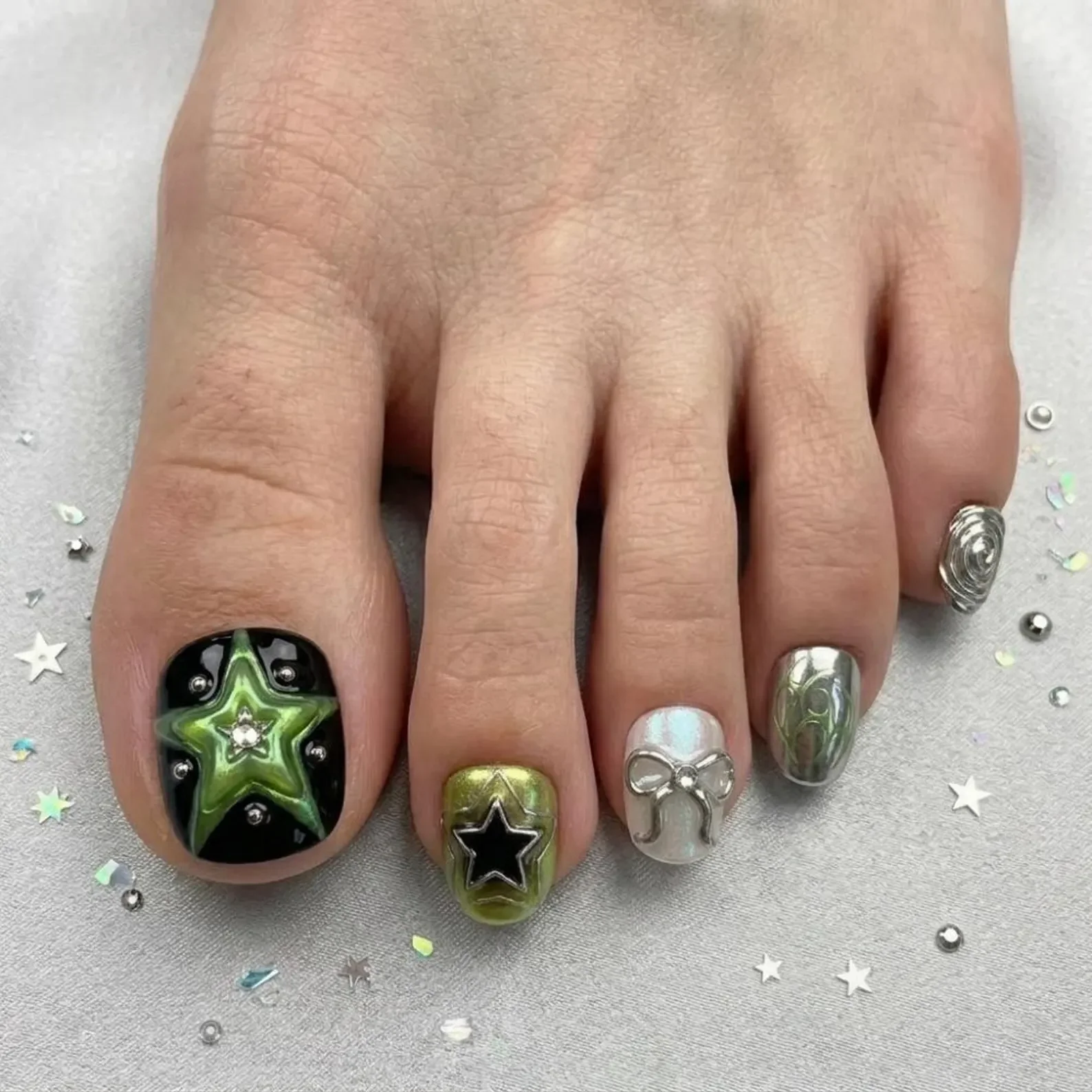 galactic star bow, alien baroque mirror, press on nails, custom press on nails, fake nails, Nails Art, stained glass nails, gold press on nails, 3d press on nails, luxury press on nails, handmade press on nails