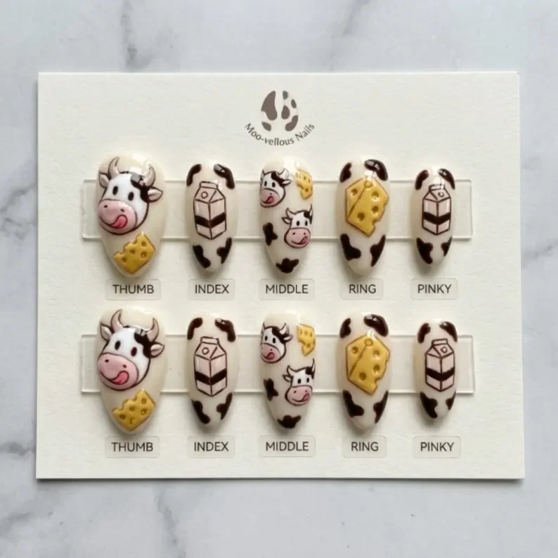 hand-painted 3D nails, cow cheese press-ons, press on nails, custom press on nails, fake nails, Nails Art, stained glass nails, gold press on nails, 3d press on nails, luxury press on nails, handmade press on nails