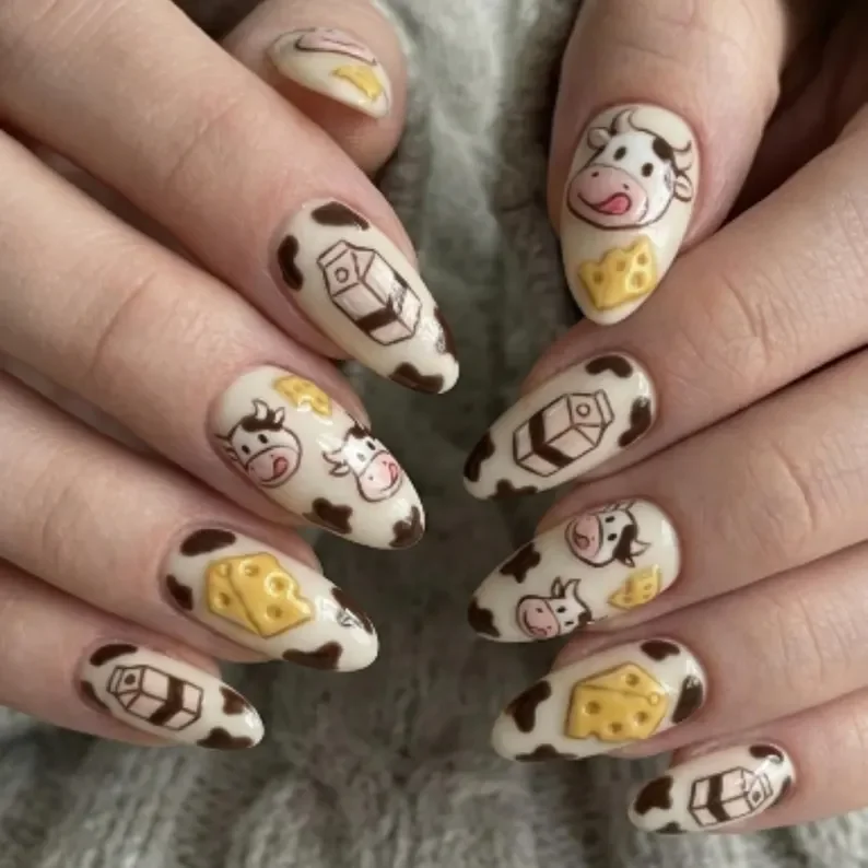 cute cow nails, cheese themed nails, press on nails, custom press on nails, fake nails, Nails Art, stained glass nails, gold press on nails, 3d press on nails, luxury press on nails, handmade press on nails