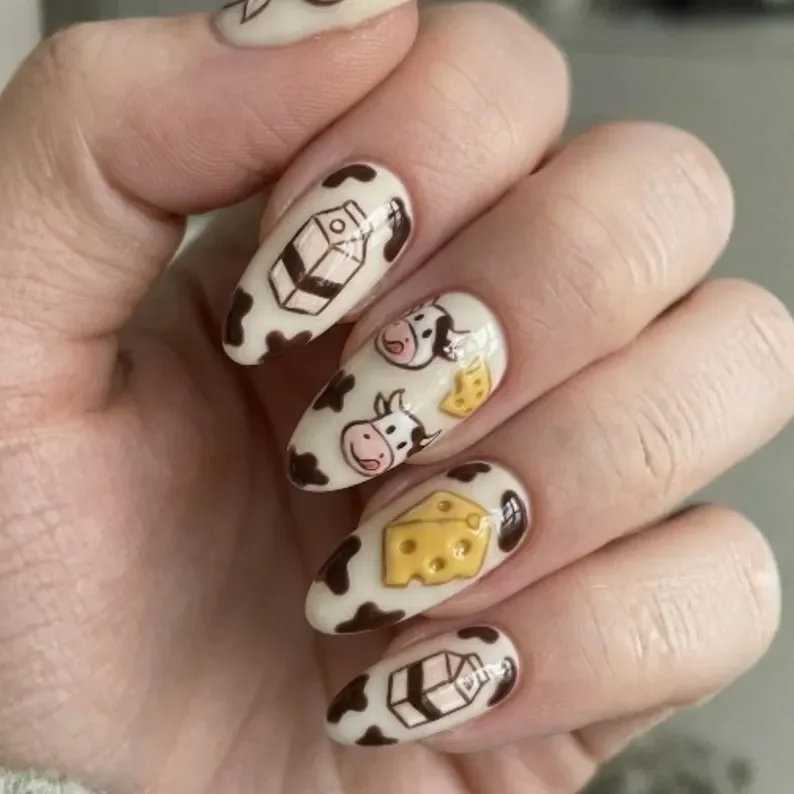 dairyland delights, 3D cow nails, press on nails, custom press on nails, fake nails, Nails Art, stained glass nails, gold press on nails, 3d press on nails, luxury press on nails, handmade press on nails