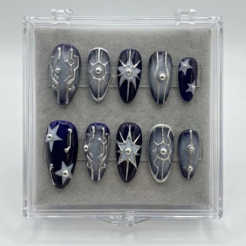 navy blue goth, 3d nail art, press on nails, custom press on nails, fake nails, Nails Art, stained glass nails, gold press on nails, 3d press on nails, luxury press on nails, handmade press on nails