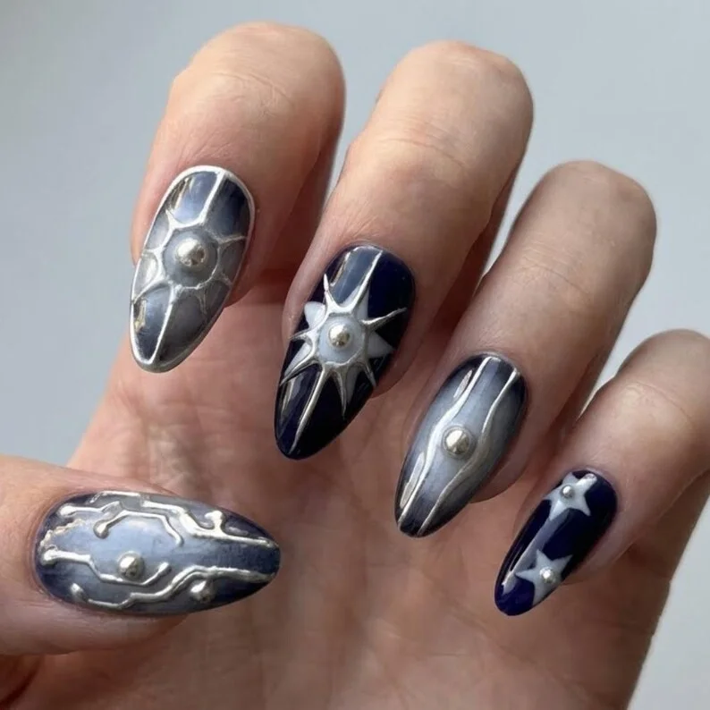 navy blue goth, 3d nail art, press on nails, custom press on nails, fake nails, Nails Art, stained glass nails, gold press on nails, 3d press on nails, luxury press on nails, handmade press on nails