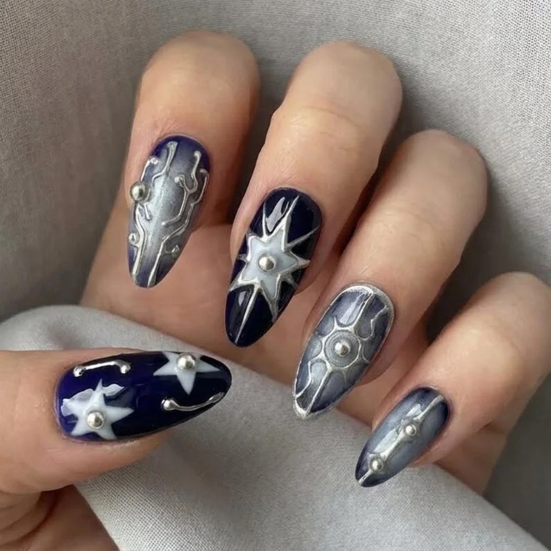 star themed nails, dark aura nails, press on nails, custom press on nails, fake nails, Nails Art, stained glass nails, gold press on nails, 3d press on nails, luxury press on nails, handmade press on nails