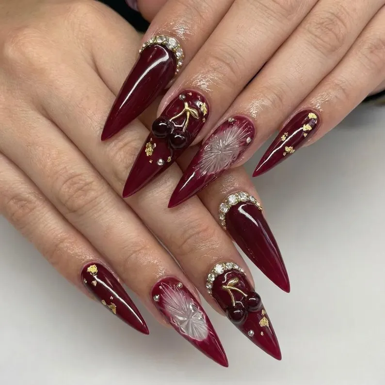 dark cherry press on, 3D gold foil, press on nails, custom press on nails, fake nails, Nails Art, stained glass nails, gold press on nails, 3d press on nails, luxury press on nails, handmade press on nails