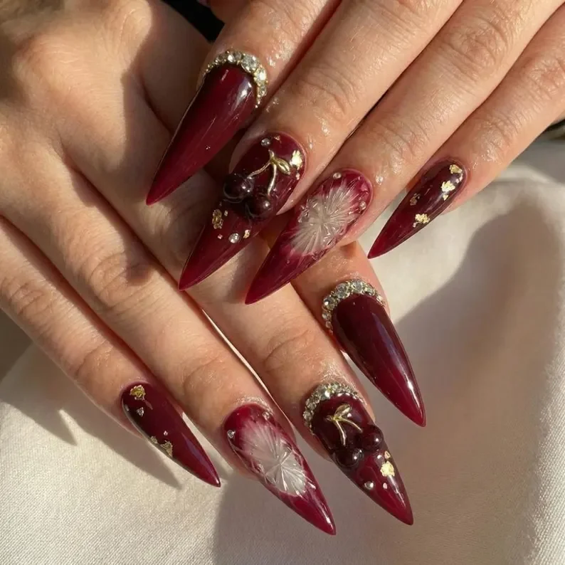 rhinestone nails, dark cherry nails, press on nails, custom press on nails, fake nails, Nails Art, stained glass nails, gold press on nails, 3d press on nails, luxury press on nails, handmade press on nails