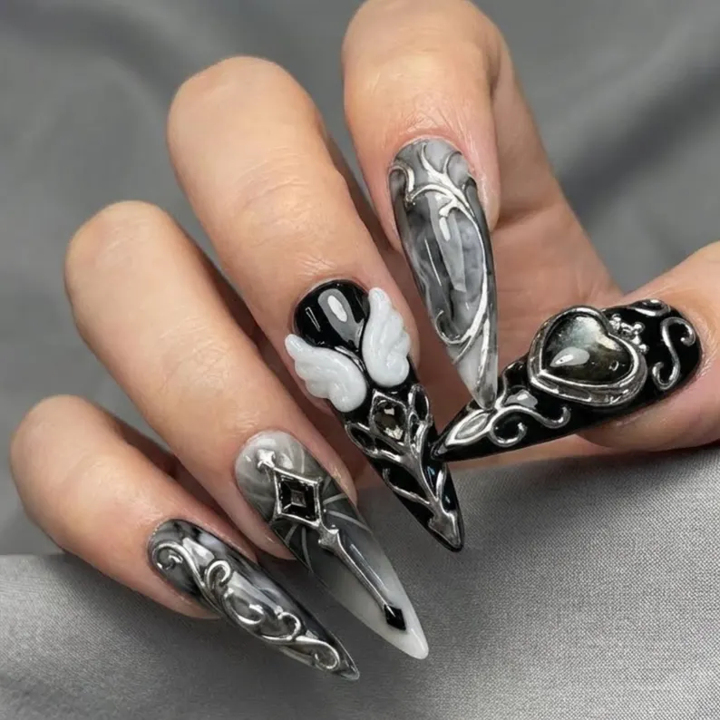 chrome nail design, gothic nail art, press on nails, custom press on nails, fake nails, Nails Art, stained glass nails, gold press on nails, 3d press on nails, luxury press on nails, handmade press on nails