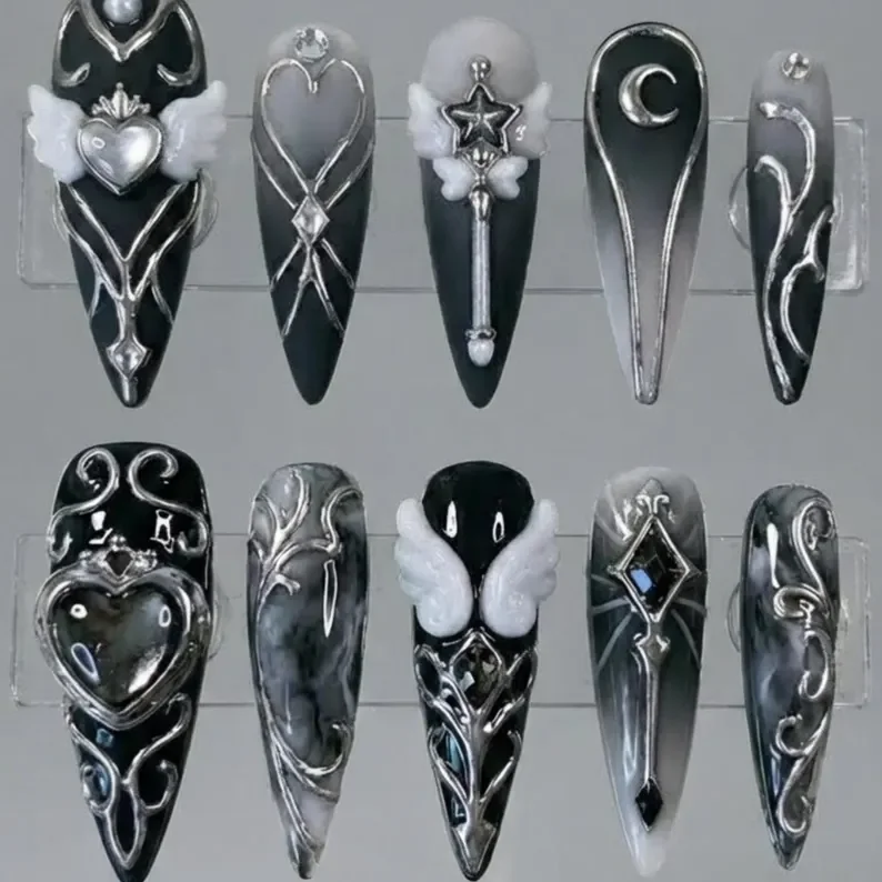 3D silver chrome, angel wing nail art, press on nails, custom press on nails, fake nails, Nails Art, stained glass nails, gold press on nails, 3d press on nails, luxury press on nails, handmade press on nails