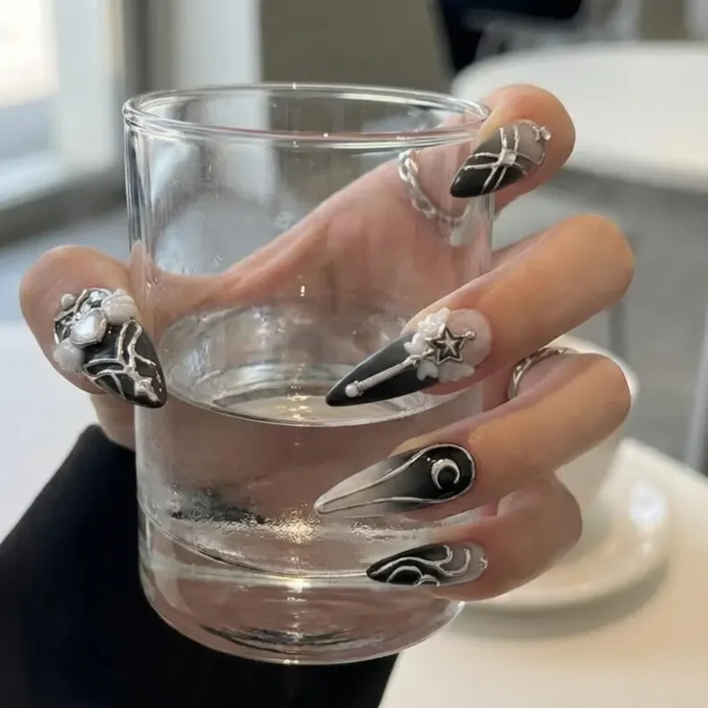 chrome nail design, gothic nail art, press on nails, custom press on nails, fake nails, Nails Art, stained glass nails, gold press on nails, 3d press on nails, luxury press on nails, handmade press on nails