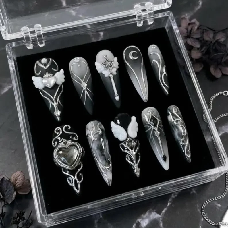 press on nail set, silver chrome nails, press on nails, custom press on nails, fake nails, Nails Art, stained glass nails, gold press on nails, 3d press on nails, luxury press on nails, handmade press on nails