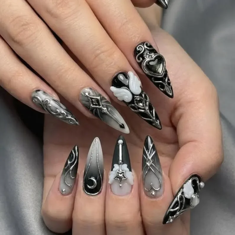 gothic press-on nails, dark seraphim nails, press on nails, custom press on nails, fake nails, Nails Art, stained glass nails, gold press on nails, 3d press on nails, luxury press on nails, handmade press on nails