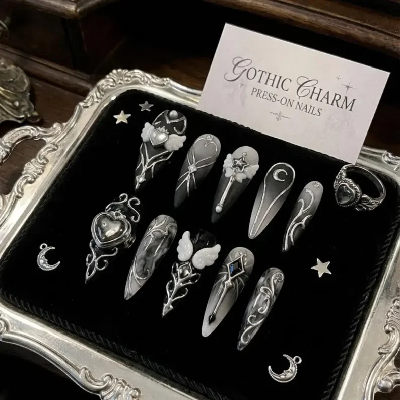 3D silver chrome, angel wing nail art, press on nails, custom press on nails, fake nails, Nails Art, stained glass nails, gold press on nails, 3d press on nails, luxury press on nails, handmade press on nails
