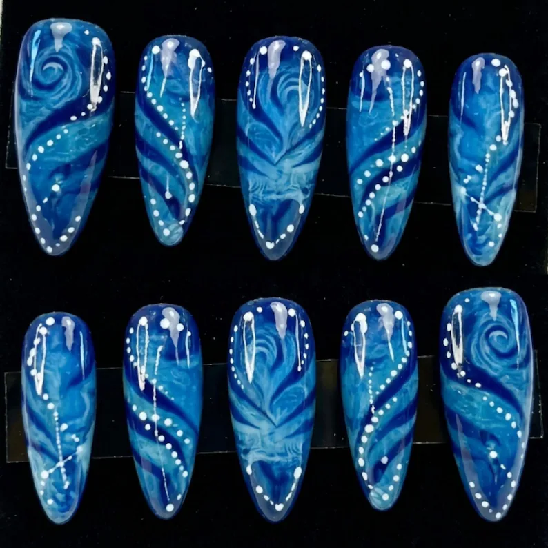 deep sea blue, marble press on, press on nails, custom press on nails, fake nails, Nails Art, stained glass nails, gold press on nails, 3d press on nails, luxury press on nails, handmade press on nails