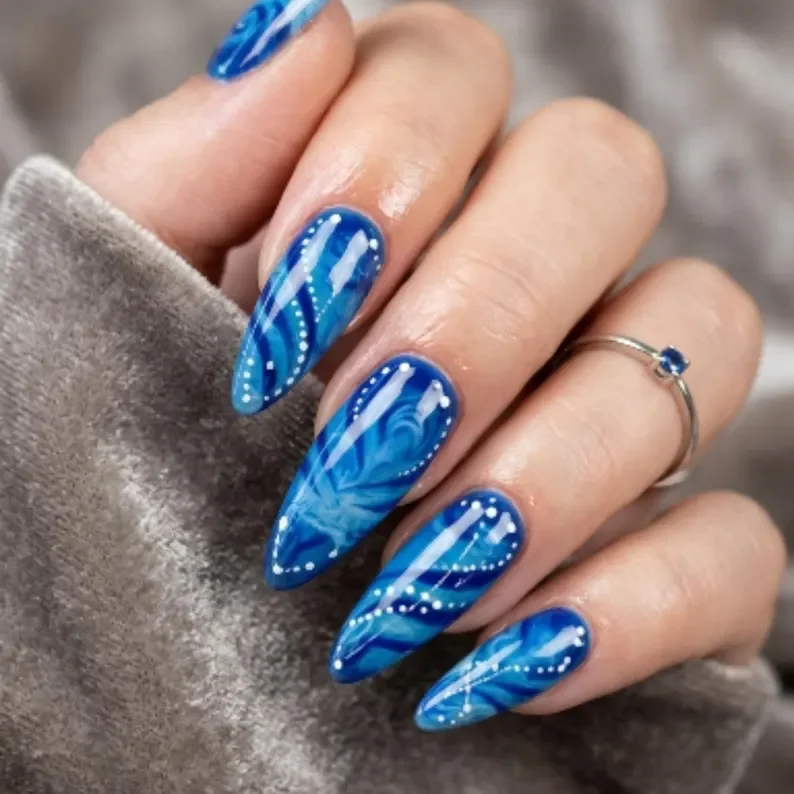 indigo cobalt, swirl nail art, press on nails, custom press on nails, fake nails, Nails Art, stained glass nails, gold press on nails, 3d press on nails, luxury press on nails, handmade press on nails