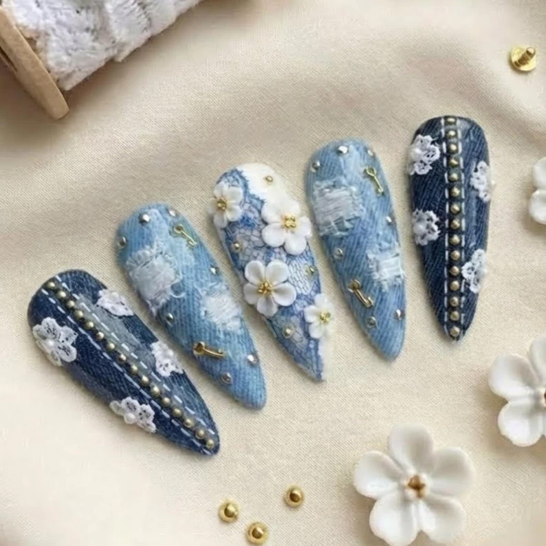 jeans nail art, white floral nails, press on nails, custom press on nails, fake nails, Nails Art, stained glass nails, gold press on nails, 3d press on nails, luxury press on nails, handmade press on nails