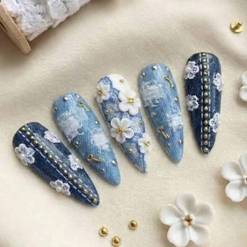 denim lace press on nails, luxury press on nails, press on nails, custom press on nails, fake nails, Nails Art, stained glass nails, gold press on nails, 3d press on nails, handmade press on nails