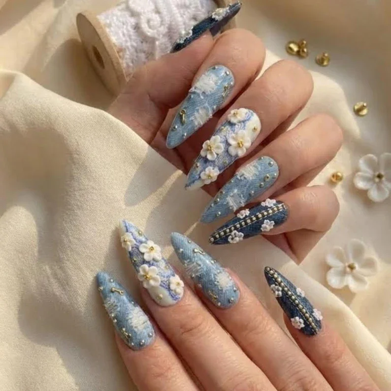 jeans nail art, white floral nails, press on nails, custom press on nails, fake nails, Nails Art, stained glass nails, gold press on nails, 3d press on nails, luxury press on nails, handmade press on nails