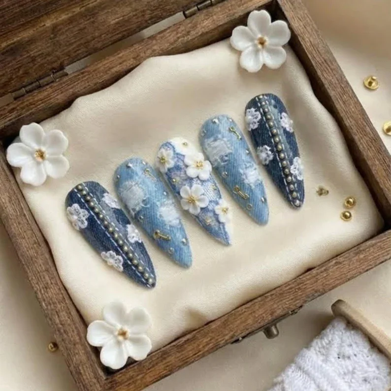 3D flower nail art, denim style nails, press on nails, custom press on nails, fake nails, Nails Art, stained glass nails, gold press on nails, 3d press on nails, luxury press on nails, handmade press on nails