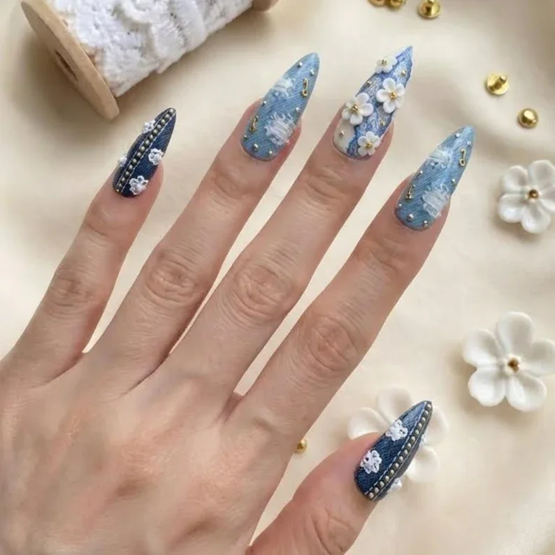 denim lace press on nails, luxury press on nails, press on nails, custom press on nails, fake nails, Nails Art, stained glass nails, gold press on nails, 3d press on nails, handmade press on nails