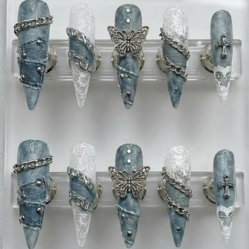 grunge style nails, denim nail art, press on nails, custom press on nails, fake nails, Nails Art, stained glass nails, gold press on nails, 3d press on nails, luxury press on nails, handmade press on nails