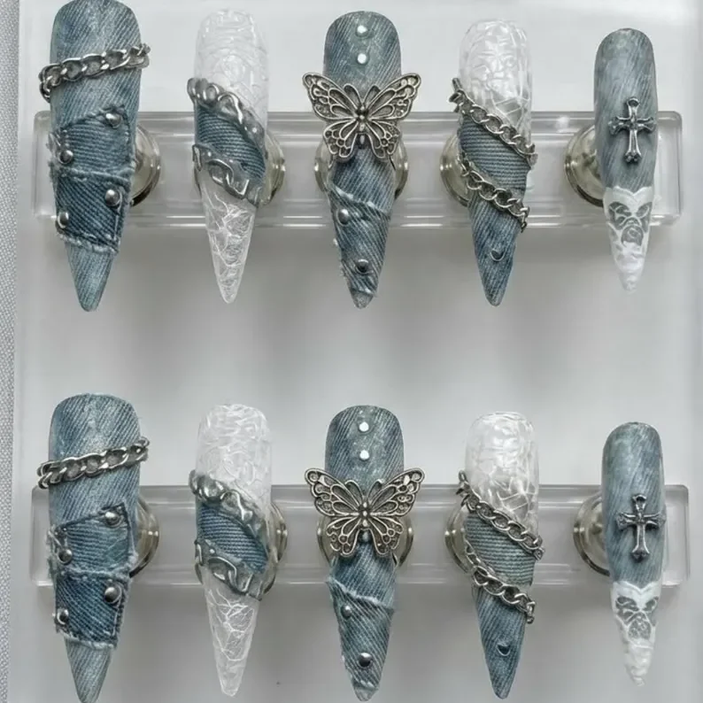 denim press on nails, y2k grunge nails, press on nails, custom press on nails, fake nails, Nails Art, stained glass nails, gold press on nails, 3d press on nails, luxury press on nails, handmade press on nails