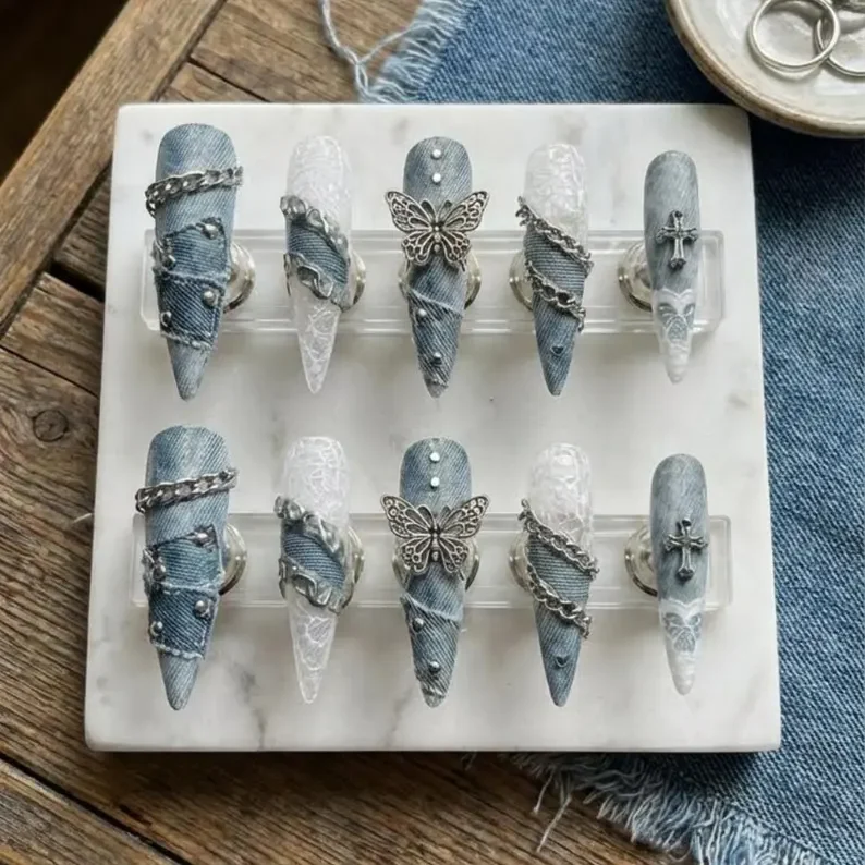 silver charm nails, press on nail set, press on nails, custom press on nails, fake nails, Nails Art, stained glass nails, gold press on nails, 3d press on nails, luxury press on nails, handmade press on nails