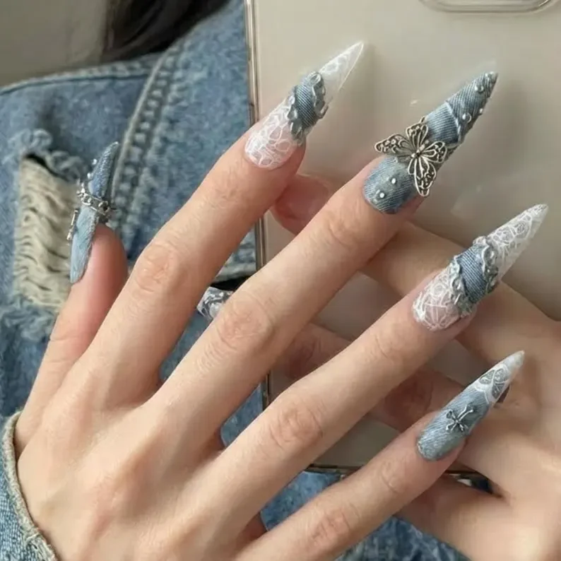 grunge style nails, denim nail art, press on nails, custom press on nails, fake nails, Nails Art, stained glass nails, gold press on nails, 3d press on nails, luxury press on nails, handmade press on nails