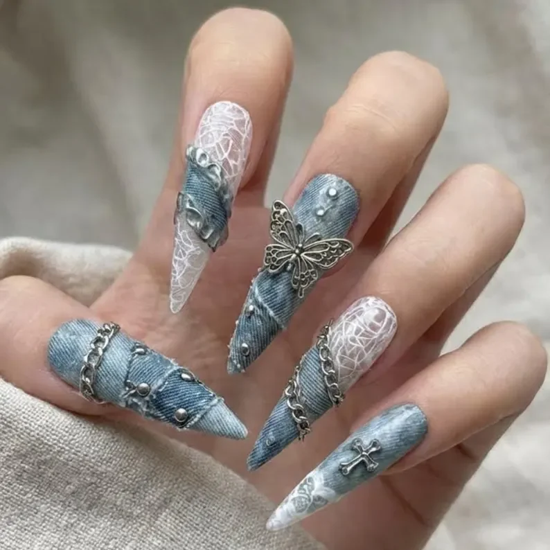 silver charm decor, y2k nail trends, press on nails, custom press on nails, fake nails, Nails Art, stained glass nails, gold press on nails, 3d press on nails, luxury press on nails, handmade press on nails