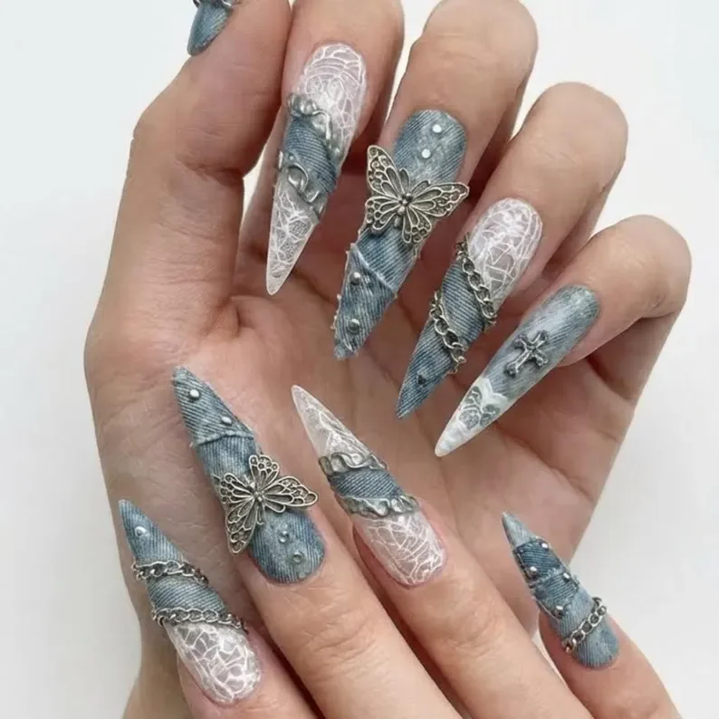 denim press on nails, y2k grunge nails, press on nails, custom press on nails, fake nails, Nails Art, stained glass nails, gold press on nails, 3d press on nails, luxury press on nails, handmade press on nails