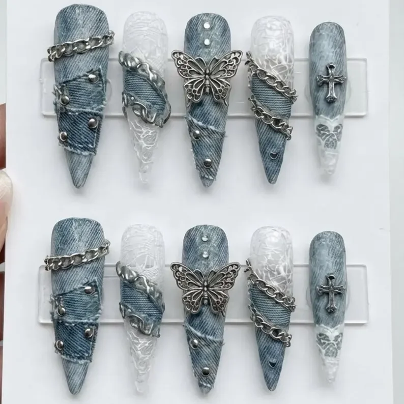 silver charm nails, press on nail set, press on nails, custom press on nails, fake nails, Nails Art, stained glass nails, gold press on nails, 3d press on nails, luxury press on nails, handmade press on nails