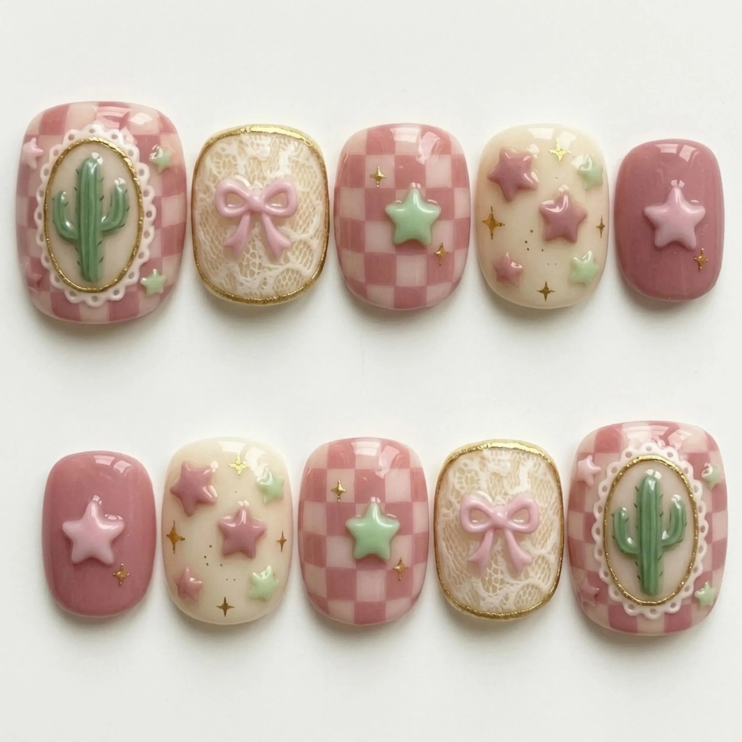 cactus press on, pink checkerboard, press on nails, custom press on nails, fake nails, Nails Art, stained glass nails, gold press on nails, 3d press on nails, luxury press on nails, handmade press on nails